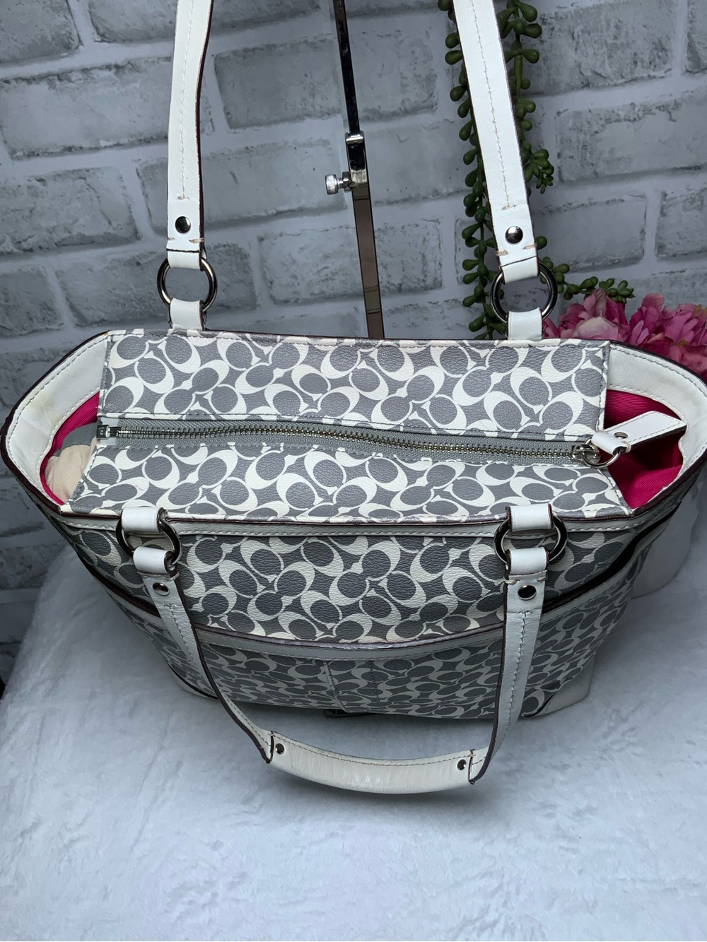 Coach Gray Signature Tote with Pink Center Stripe - Picture 3 of 13